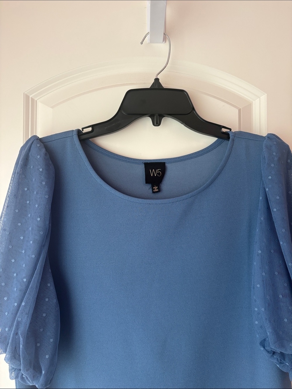 W5 Dusty Blue Mesh Puff-Sleeve Blouse Size Large - Picture 3 of 6